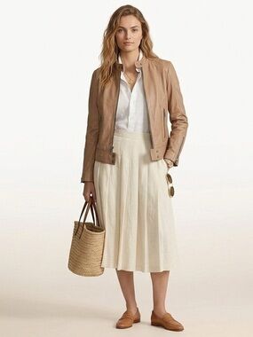 7 For All Mankind Leather Beige Moto Style Jacket Size Small